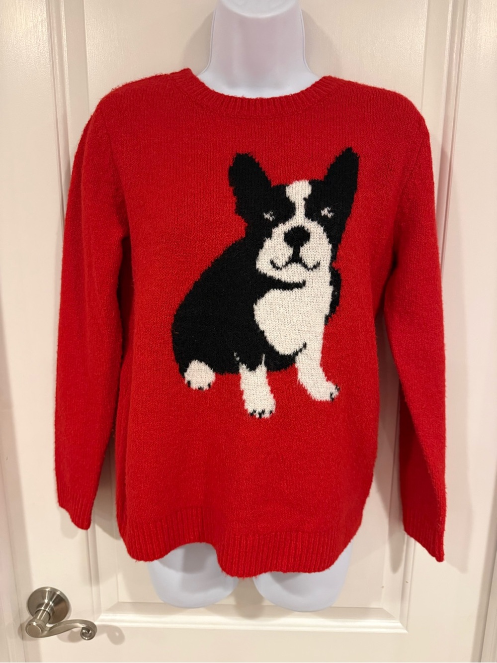 cupcakes & cashmere Red Crewneck Sweater with Black & White Dog Motif